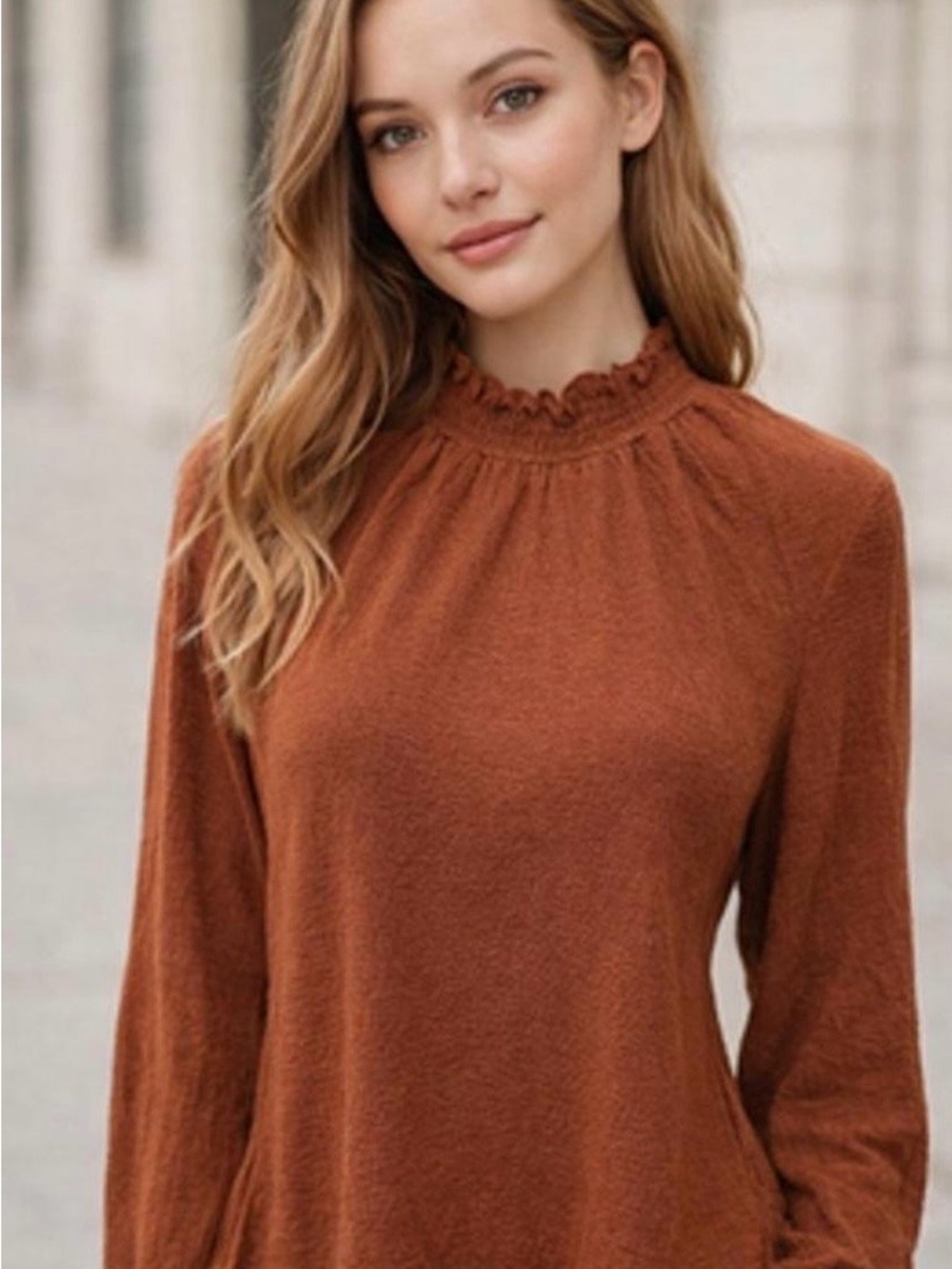 Madewell Texture & Thread Ruffled Smocked Mock Neck Top Bell Sleeve Rust Sz S